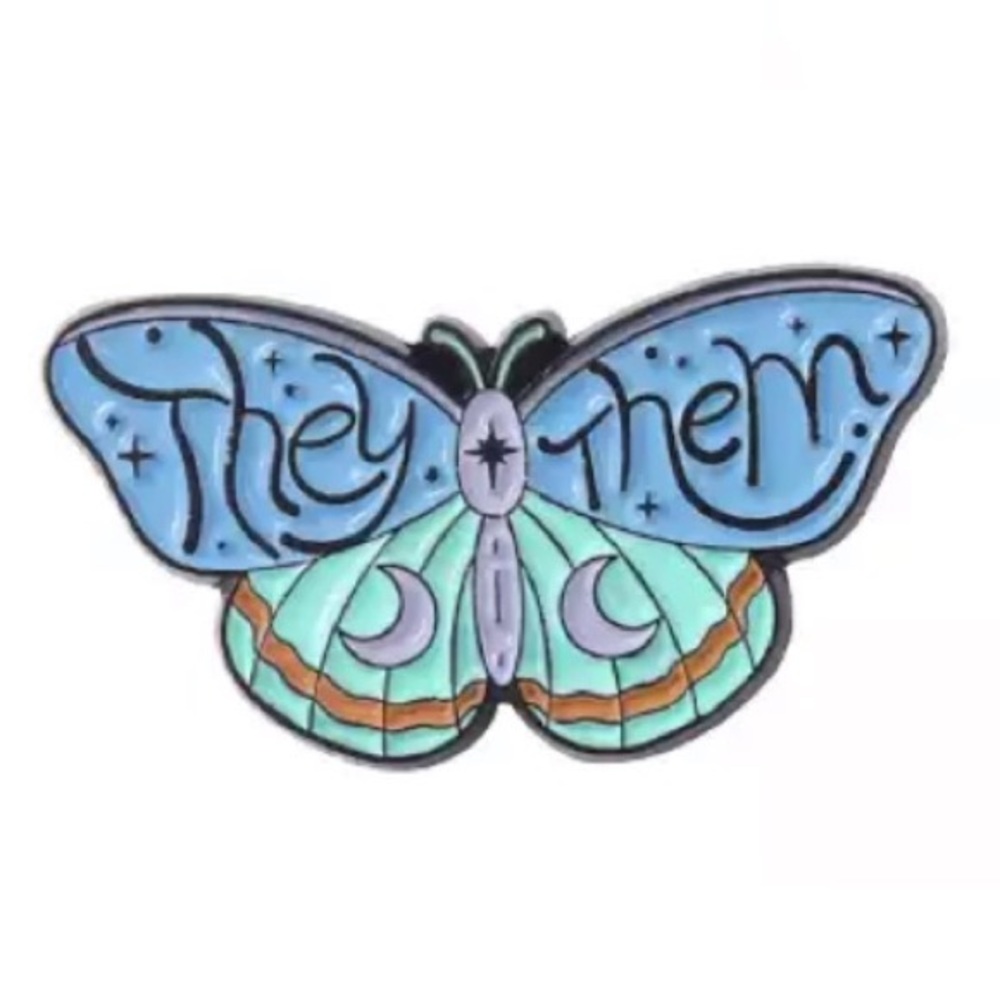Non-binary Pronoun Enamel Pin THEY/THEM Gender Neutral Pronouns Butterfly Badge